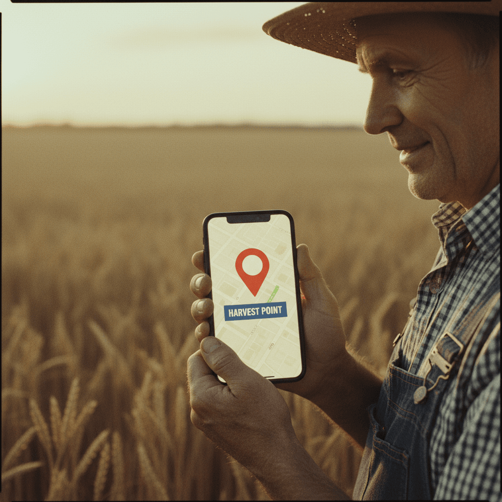 Smartphone displaying map pin location held in a farmer's hands during golden hour
