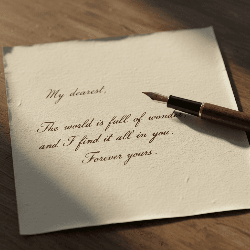 Overhead view of handwritten note on unlined paper with a pen beside it
