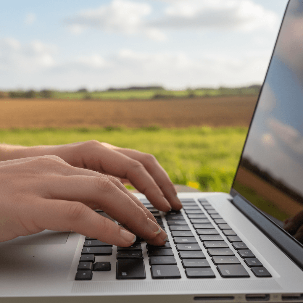 Hand typing on a laptop keyboard outdoors in farmland setting