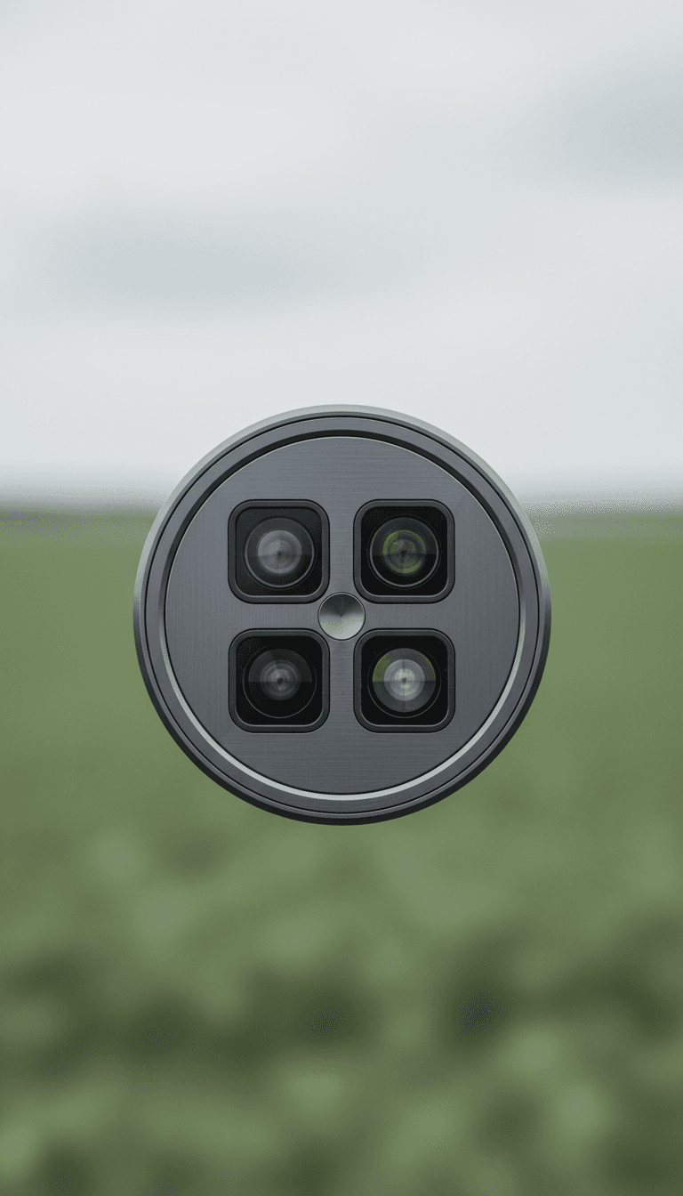 Close up of a multispectral drone sensor against a field background