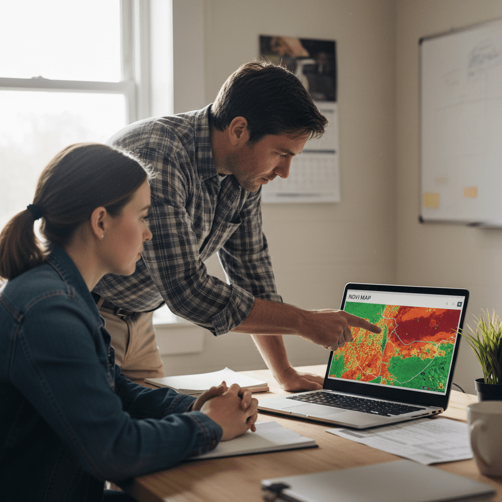 Two people looking at a laptop showing a multispectral map