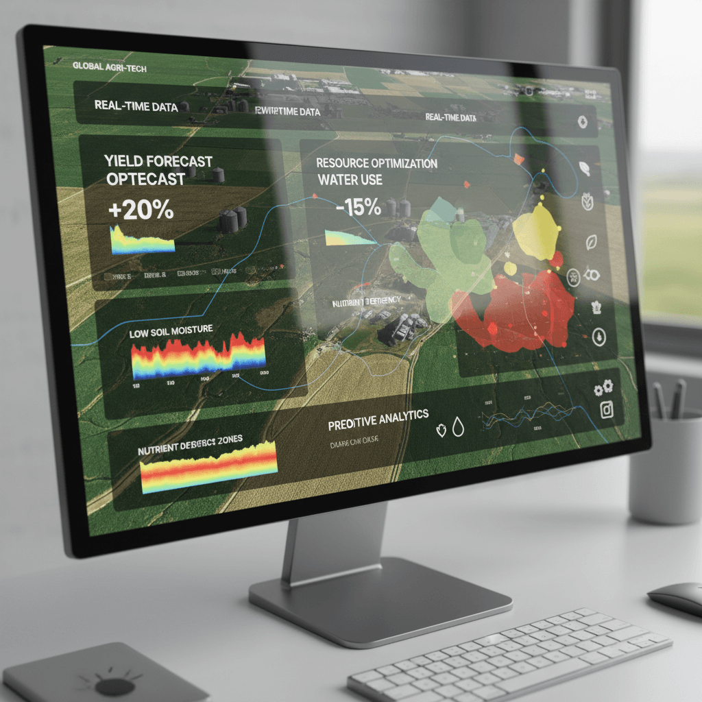Agricultural data visualization dashboard showing satellite imagery, crop health maps, and AI predictions on computer monitor