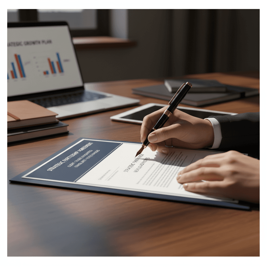 Close-up of hands signing marketing services contract with fountain pen at polished wooden desk